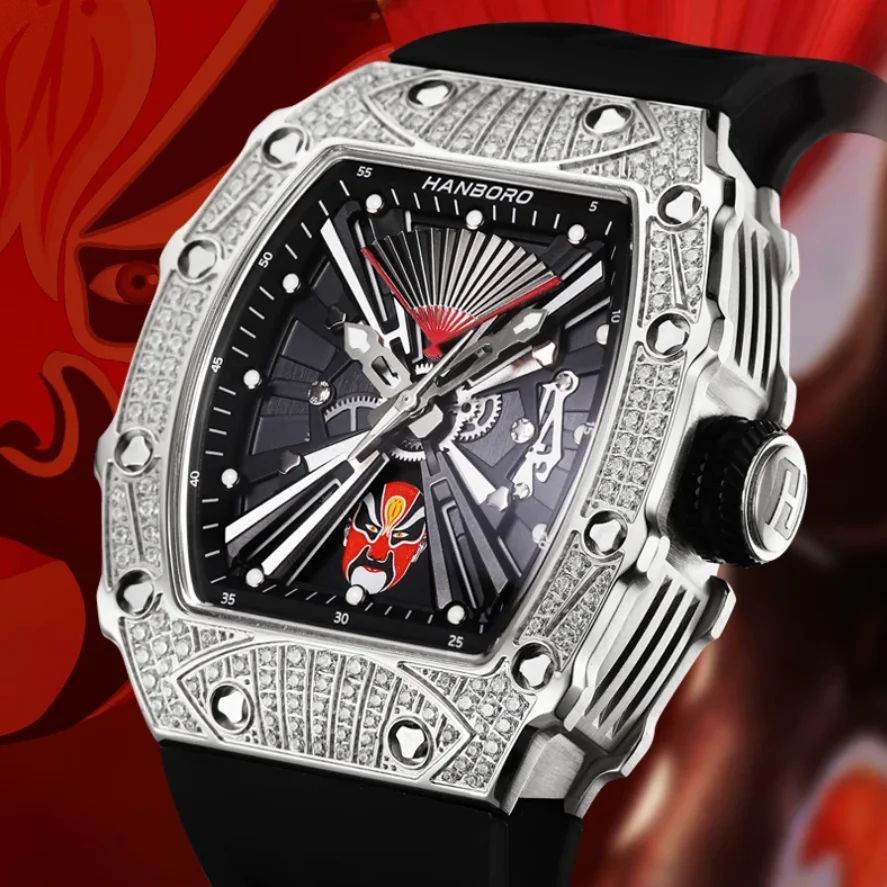 

HANBORO Мужские автоматические часы 50 мм Механические наручные часы Водонепроницаемый светящийся корпус Tonneau Изменение 6 макияжа лица Каждый 4 часа