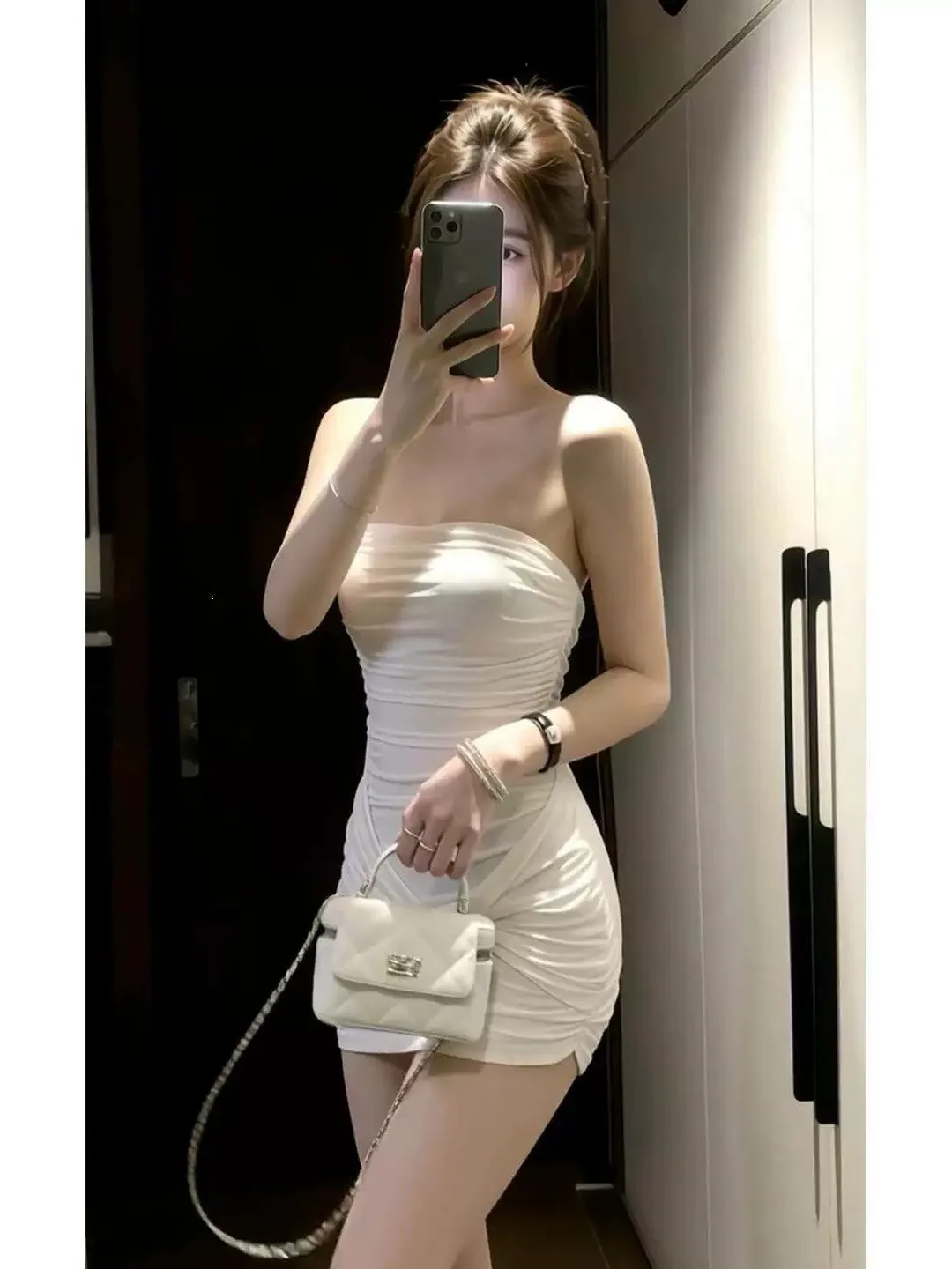 White Wrap Bustle Skirt Dress Women's Design Slim Fit Waist Cinch Sexy Knot Short Skirt Sexy Lady Style Commute Korean Style