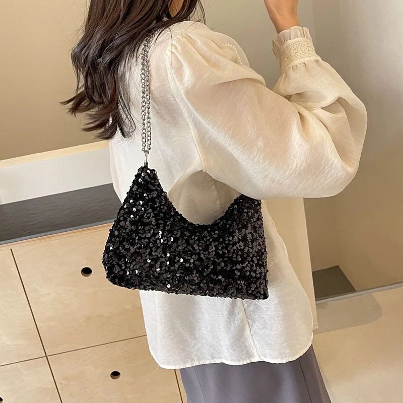 Women Bling Shoulder Bag Chic Sequins Glitter Underarm Sling Bag Adjustable Chain Strap Crossbody Bag Commute Shopping Handbags