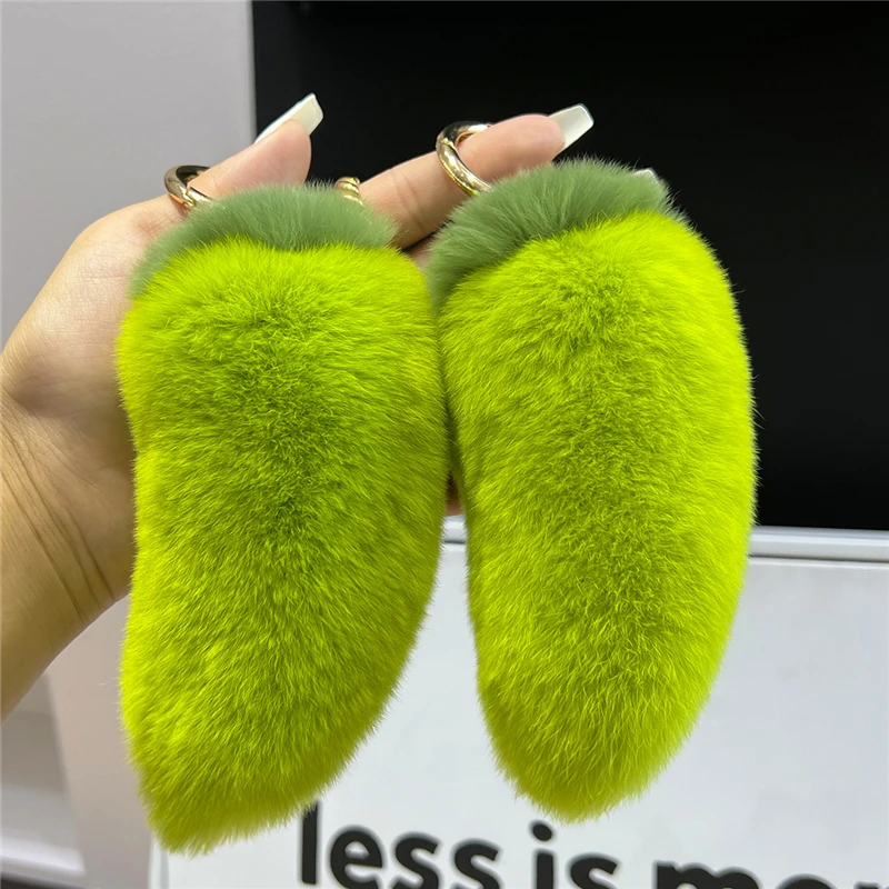 Cute Real Rex Rabbit Fur Keychain Plush Green Chili Toy Trinkets  Women Handbag Pendant Car Key Ring Accessories Creative Gift