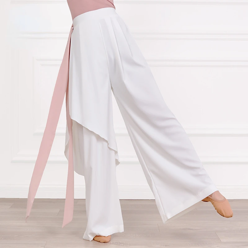 Calças de treinamento de dança moderna feminina solto e elegante 2 camadas calças de perna larga clássica dança jazz desempenho calças