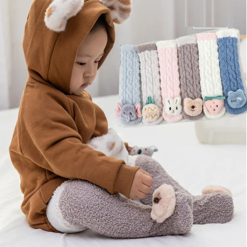 Baby Toddlers Knee High Fuzzy Coral Fleece Socks Cute Kids 3D Dolls Boys Girls Cartoon Bed Slipper Socks Winter Thick Warm Socks