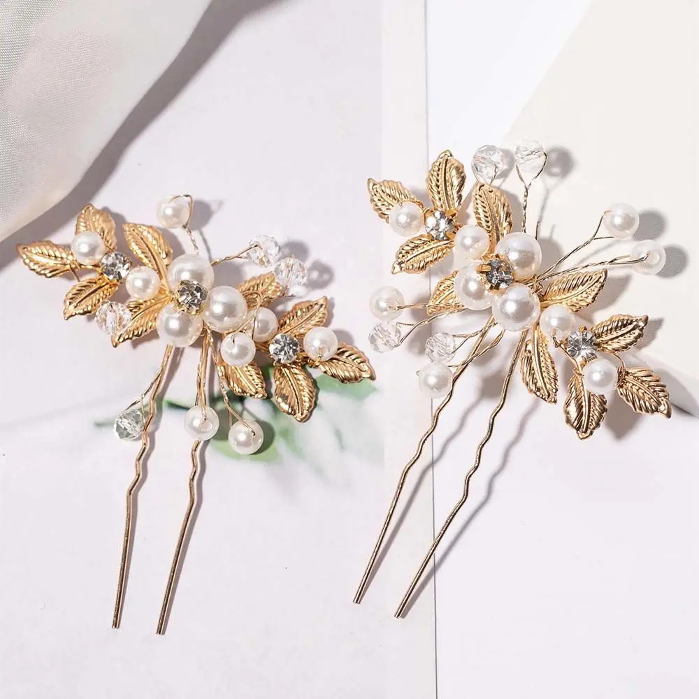 Diamond Ancient Headwear Hairstyle Design Tool Leaves Hanfu Hair Sticks Pearl Hairpin U Shaped Hairpin Ancient Style Hairpin