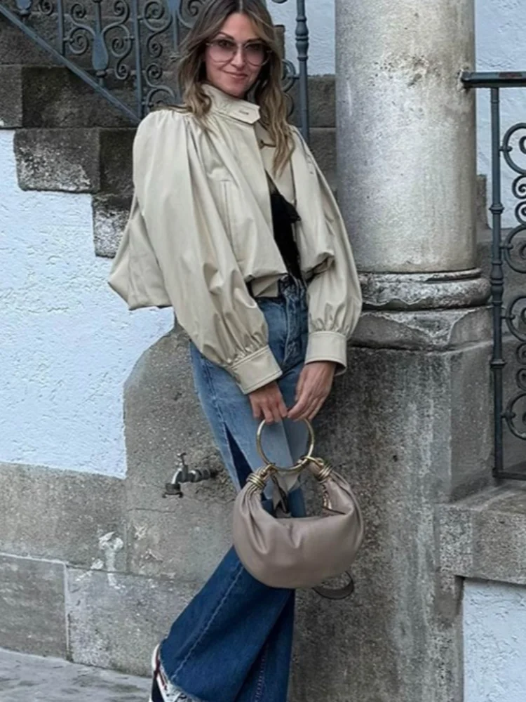 Casual Short Jackets Women Lantern Sleeve Loose Stand Collar Single Breasted Solid Coats 2025 Autumn Chic Street Outwears Lady