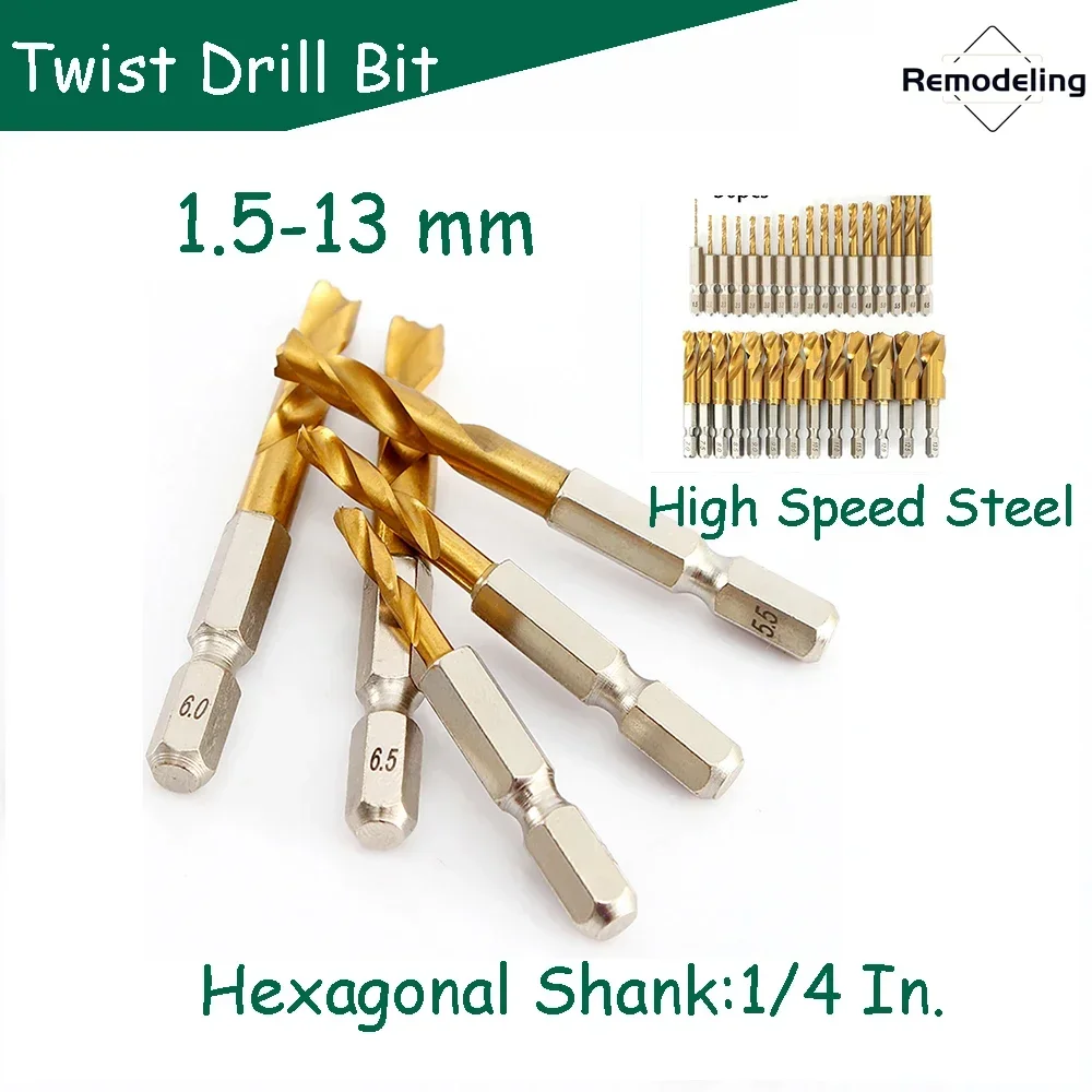 

Twist Drill Bit Hexagonal Shank 1/4 In.Drill 1.5-13 mm High Speed Steel Powerful Suitable for Sheet Metal Wood and Plastic