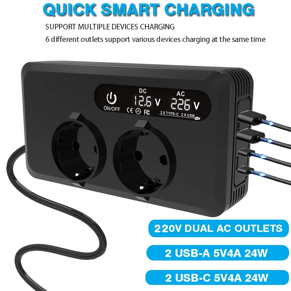 200W 12V to 230V For EU Sockets Car Inverter Cigarette Lighter Plug USB C Port Vehicles Converter Fast Charging Power Adapter