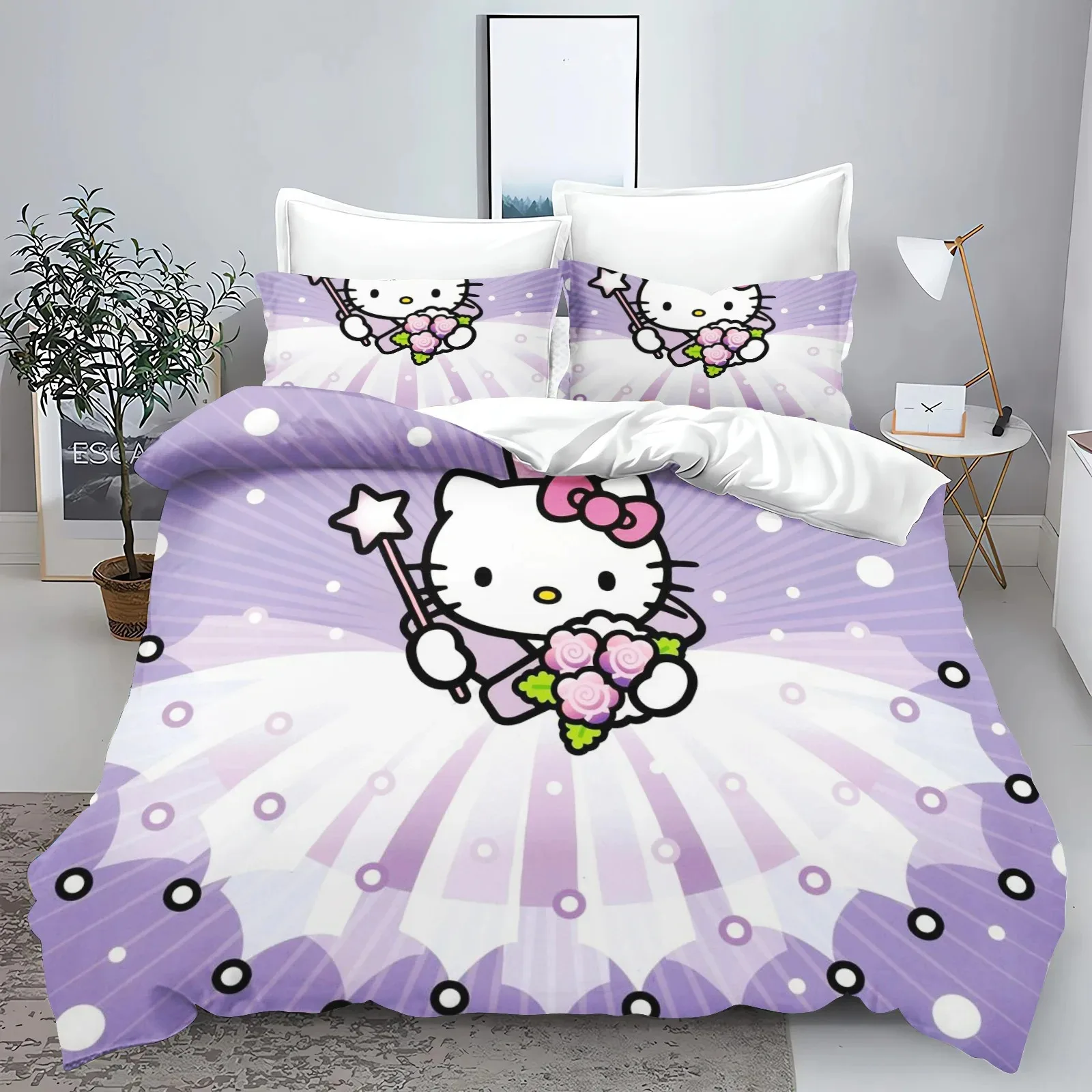 Hello Kitty Bettwäsche-Sets, Kinder-Bettwäsche-Set, 3-teilig, Doppel-Home-Set, 1 Bettbezug, luxuriös, 100 % Polyester, modern bedruckt