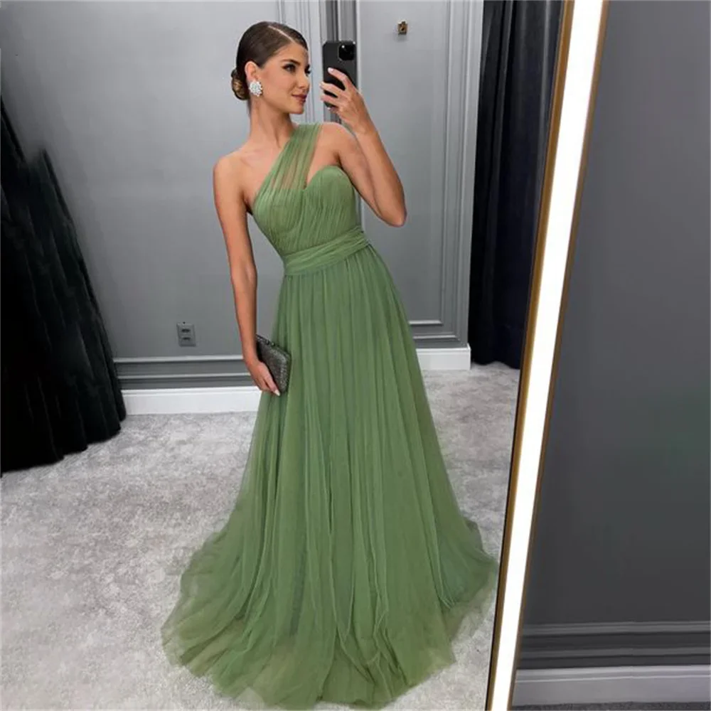 Green One Shoulder Ball Dress Simple Mesh Evening Dress Beach Evening Dress Formal Party Evening Dress Customization