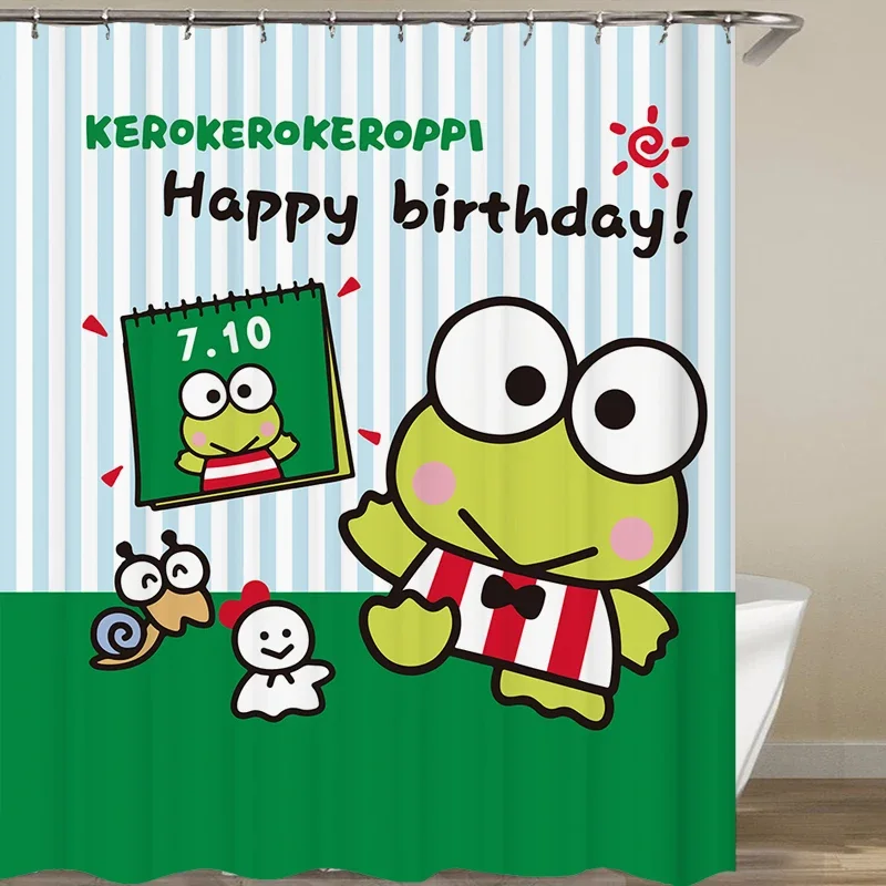 Kawaii  Sanrios  Kerokero Keroppi Cartoon Shower Curtains Waterproof Mildew Bath Screen with Hooks Anime Home Decor