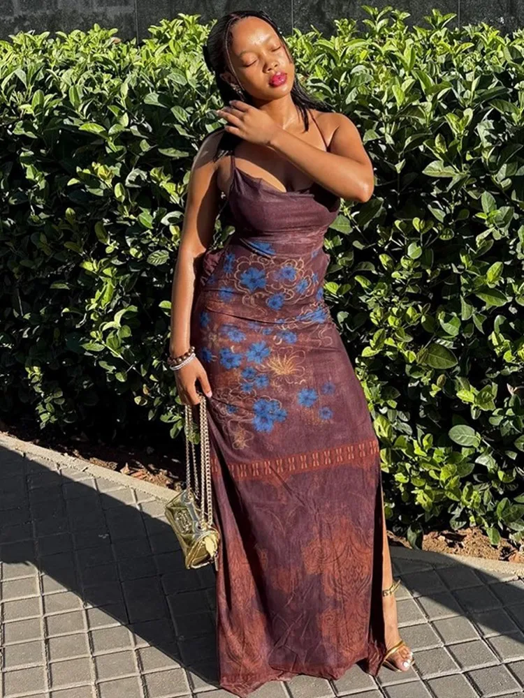 

Elegant Cover-up Women V-Neck Maxi Dress Fashion Sleeveless Print Dresses Evening Ladies Street Party Vestidos Summer Autumn