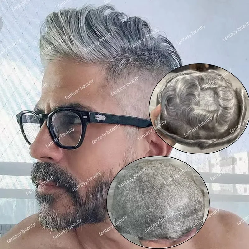 

Natural Hairline #1B65#1B80 white mix gray black Durable 100%Human Hair Cheapest pu Microskin Men Toupee Men Capillary Prosthesi