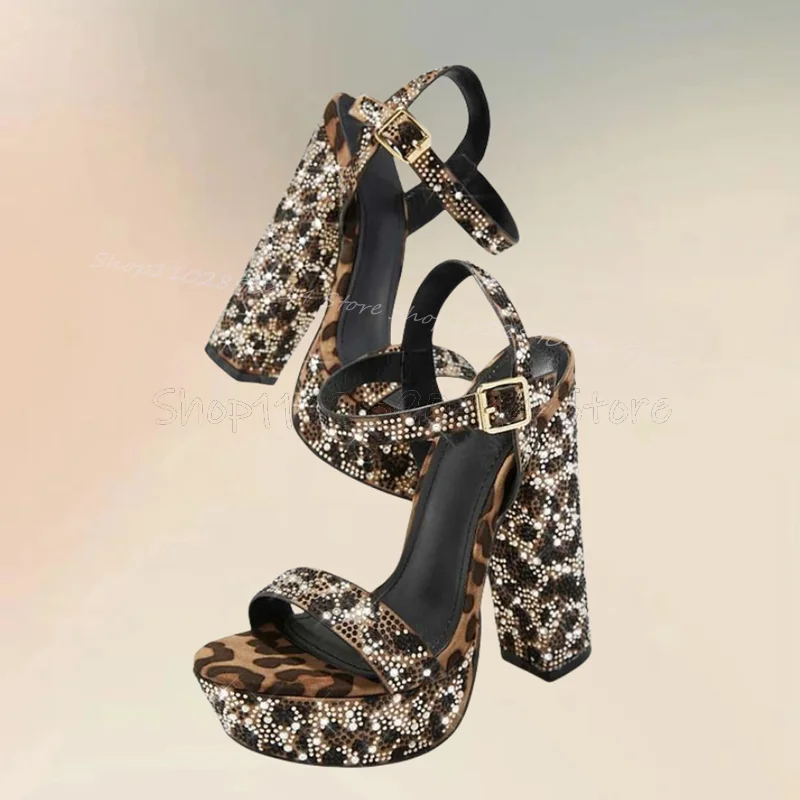 

Rhinestone Decor Leopard Print Platform Sandals Ankle Buckle Strap Women Shoes Chunky High Heels Sexy 2024 Zapatos Para Mujere