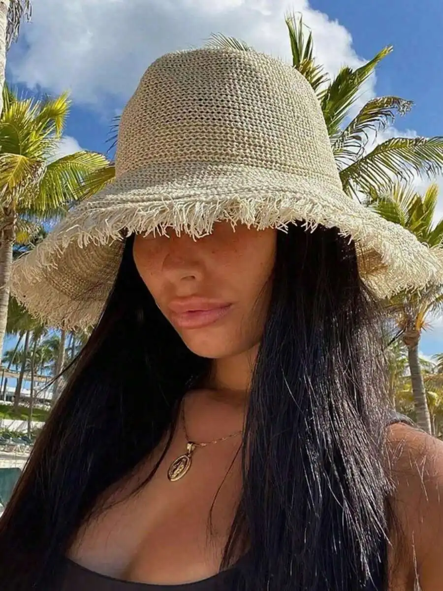 

Womens Wide Brim Straw Hat For Beach Vacation Sun Protection Summer