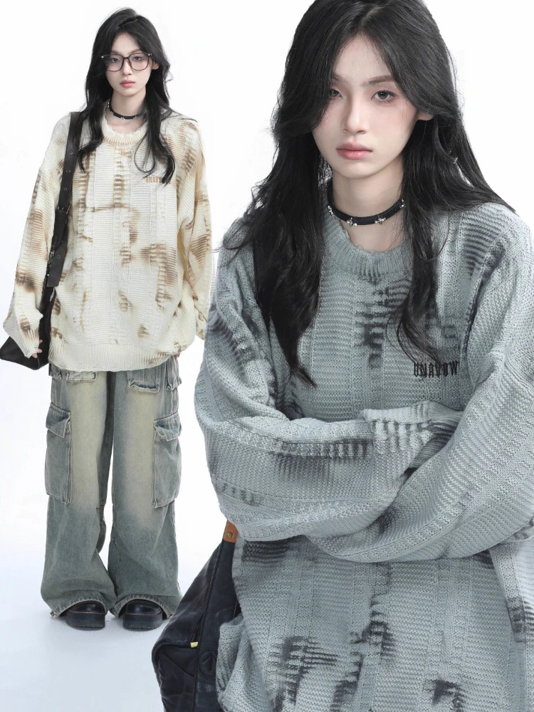 2000s Gothic Print Loose Casual American Vintage Long Sleeve Pullover Sweaters Y2k Korean Fashion O Neck Subculture Jumpers Chic