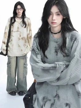 2000s Gothic Print Loose Casual American Vintage Long Sleeve Pullover Sweaters Y2k Korean Fashion O Neck Subculture Jumpers Chic