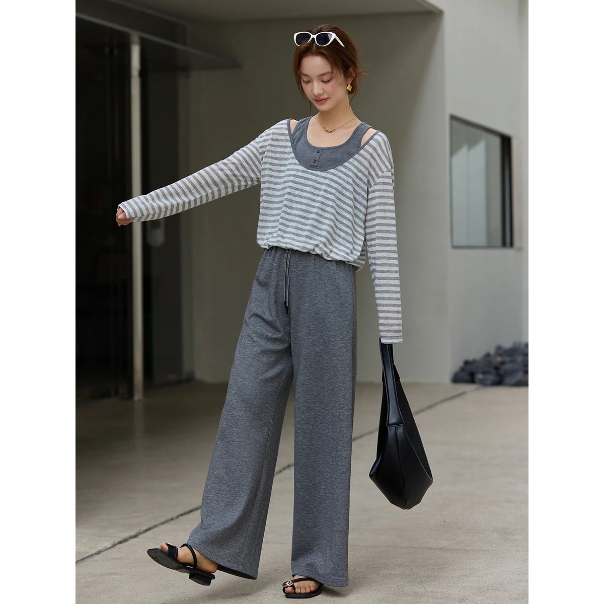 VIMLY Women's Casual Sets for Woman 2026 Spring New Grey Striped Fake Two-Piece Top High Waisted Wide Leg Pant 2 Piece Set 30781 view 3