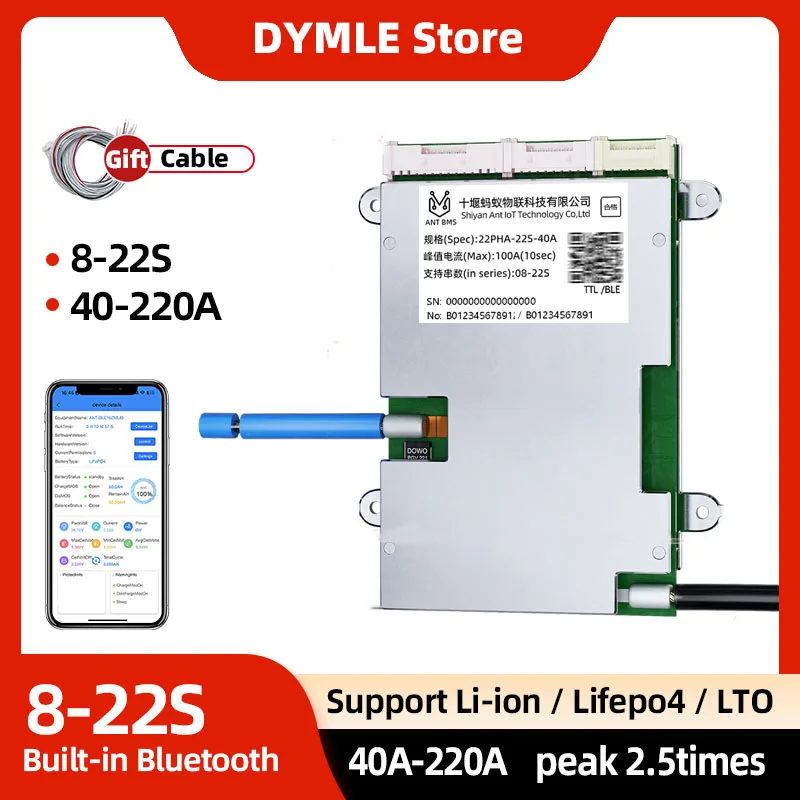 

8S 9S 10S 11S 12S 13S 14S 15S 16S 17S 18S 20S 22S ANT BMS Li-ion Lifepo4 Lto Батарея 24V 36V 48V BT Встроенный 40A 80A 110A 130A