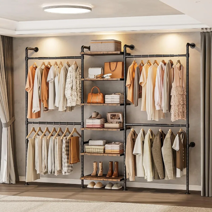 T1 Wall Mounted Closet System, Industrial Pipe Clothing Rack with 6 Wooden Shelves and 4 Telescopic Rods, Heavy Duty Closet Org