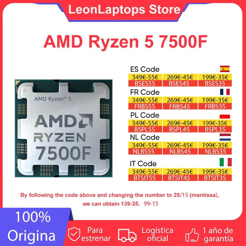 Processore AMD Ryzen 5 7500F CPU R5 7500F fino a 5.0 GHz 6-Core 12-Thread 32MB di Cache di gioco Socket AM5 DDR5 5200MHz Desktop PC Gamer