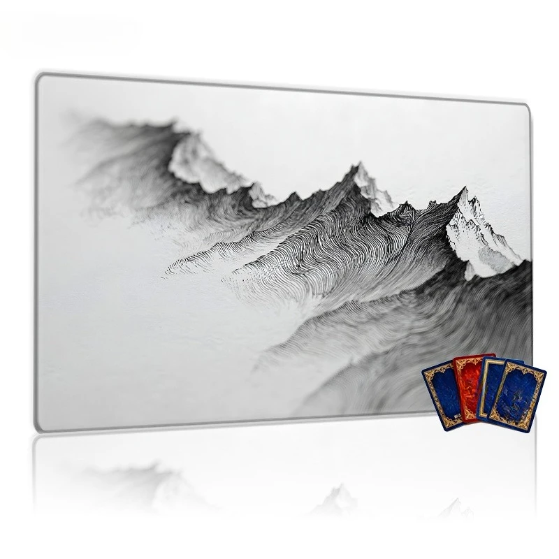 Collectible card game table mat, compatible with TCG, black and white mountain ink painting pattern, serene fog landscape