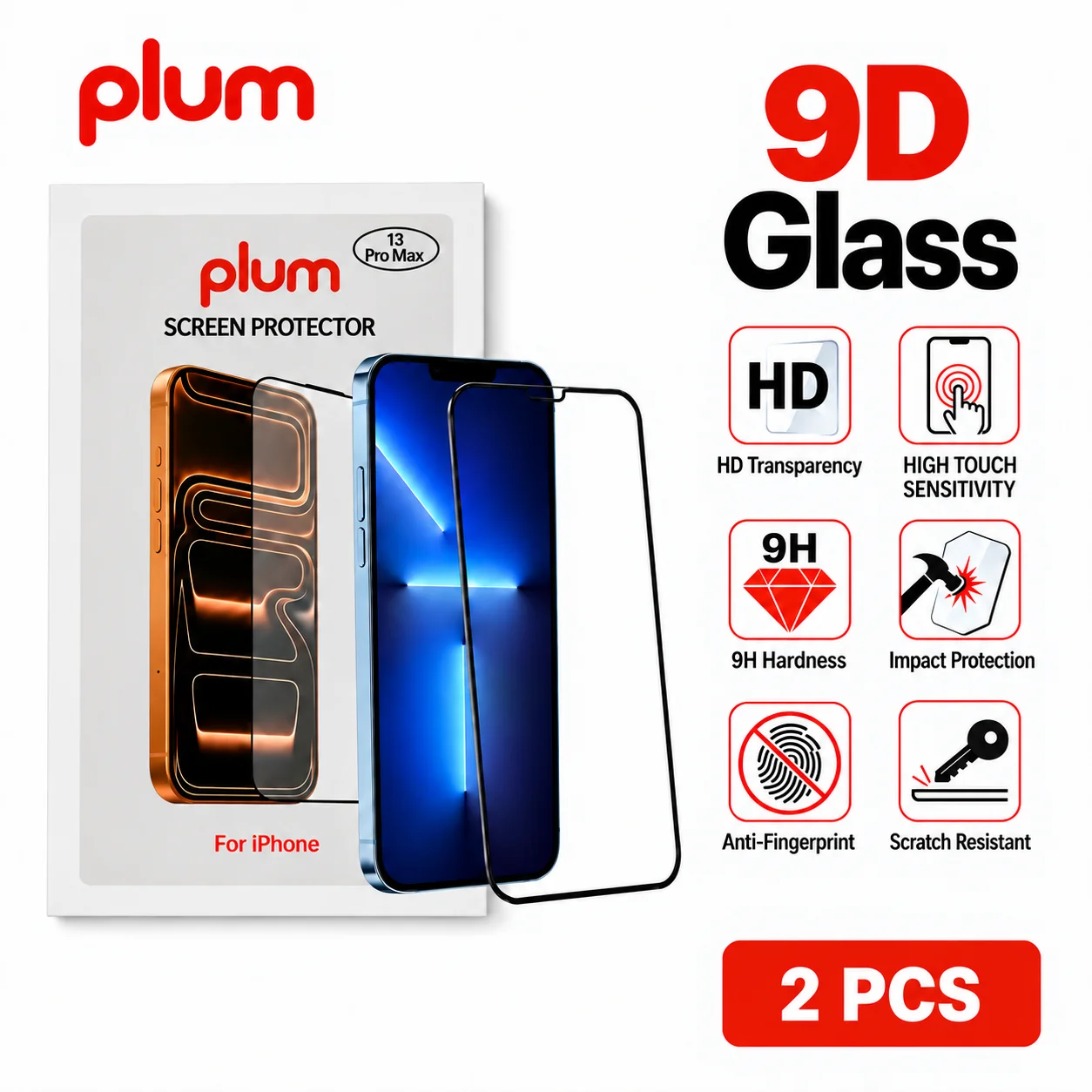 Plum 2 PCS HD Clear Glass Film For iPhone 13 / 13 Pro / 13 Pro Max Screen Protector Easy Installation Dust Free Protective Glass