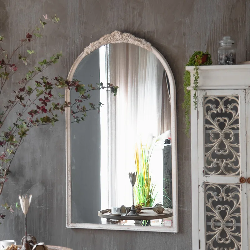 French vintage dressing mirror, wall-mounted solid wood distressed bedroom, living room, entryway decorative mirror, clothing st