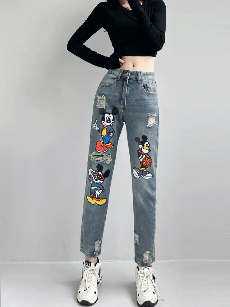 Potdemiel Cartoon Ripped Jeans Women's Small Printed Loose High Waist Fashion Harem Pants Trousers Straight Denim Pants Hot Girl