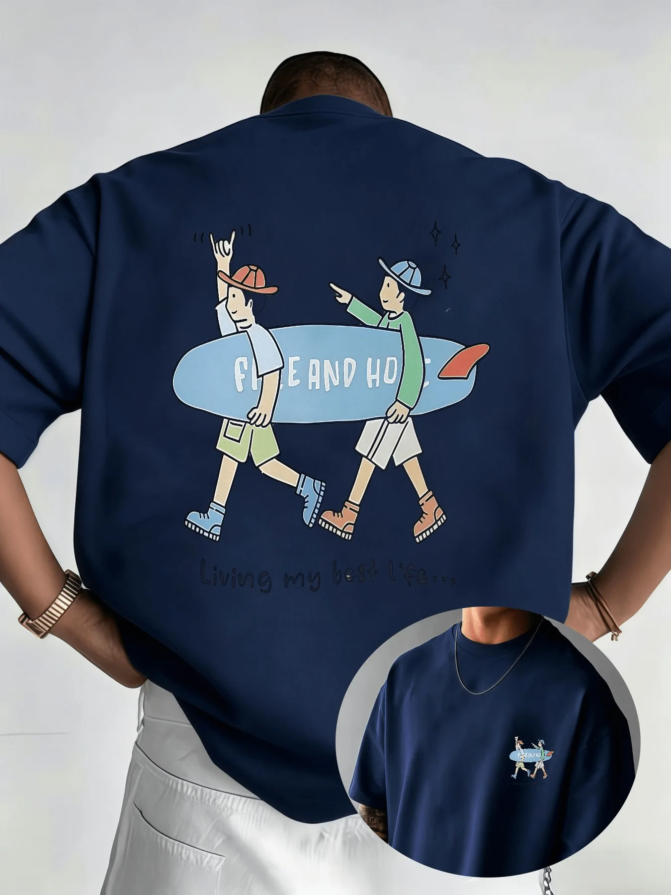 Men's Summer Fun Print Crew Neck Short Sleeve T-Shirt, Trendy Cartoon Surfing Boy Graphic Street Style Loose Fit Top