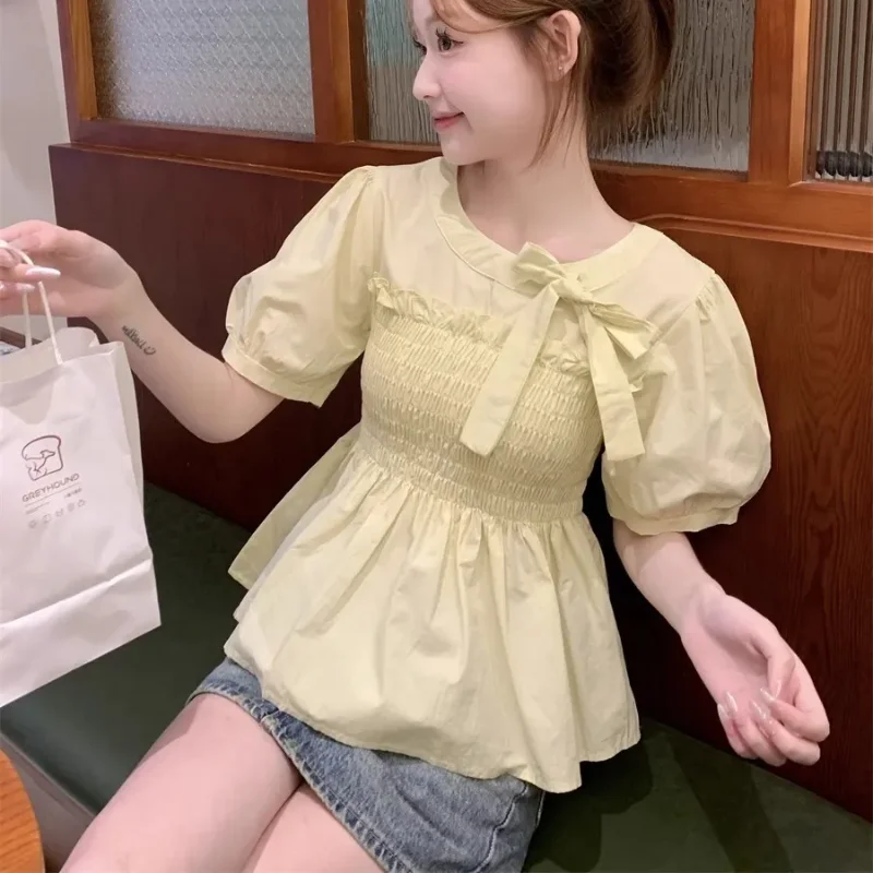 

Милая и милая рубашка с пышными рукавами и бантом, женский топ для похудения талии