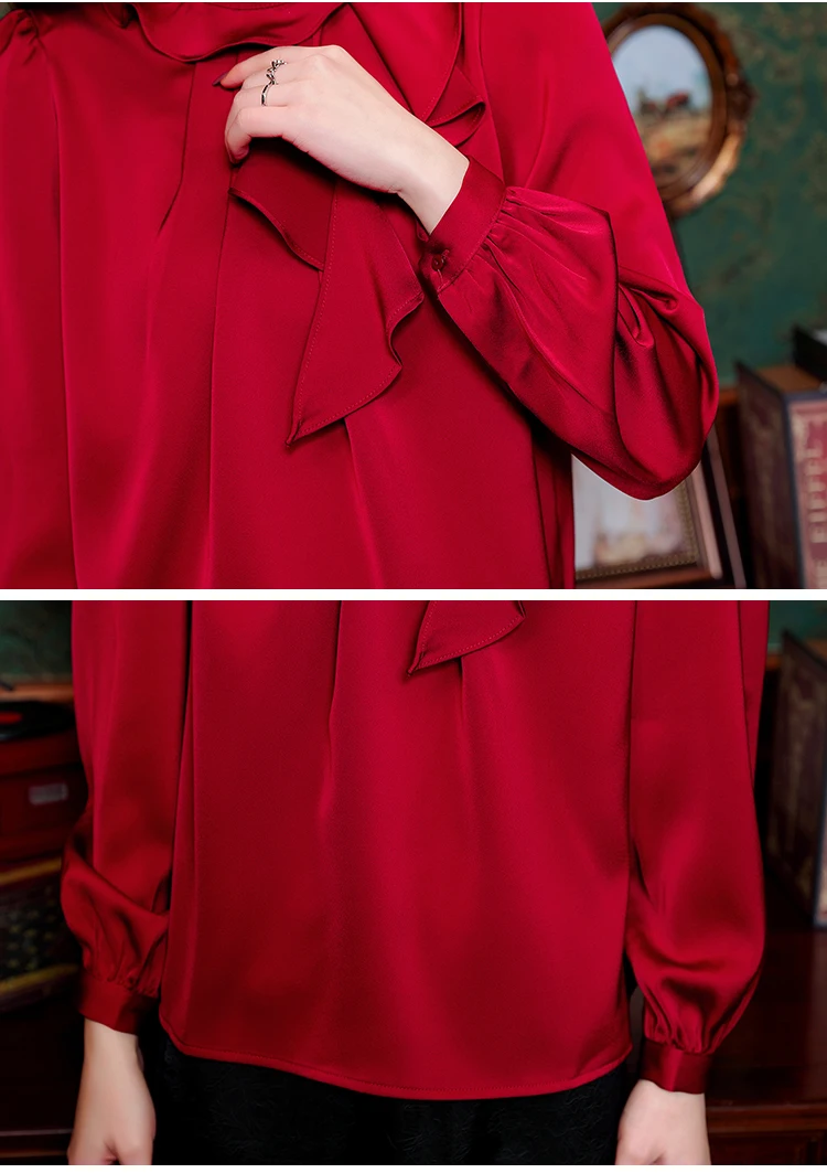 2024 Spring Elegant Red Satin Women Beading Ruffles Blouse Long Sleeve Fashion Korean Office Ladies Work Shirt Basic Female Tops