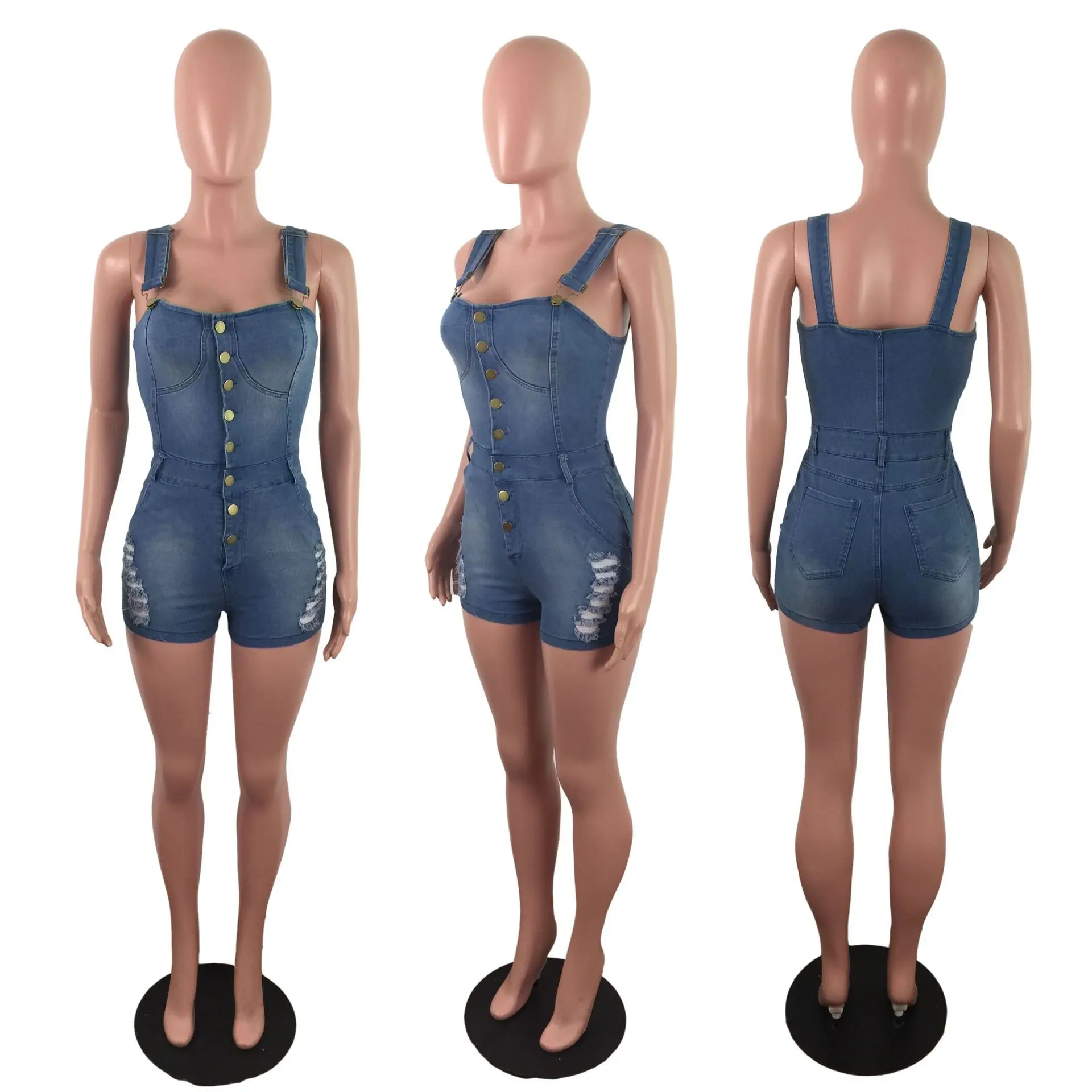 Thin Strap Buttoned Distressed Casual Denim Romper Women Spring Summer Playsuit Short Pants High Waist Sleeveless