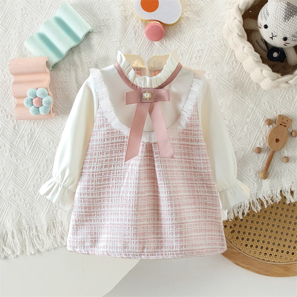 Baby Girl Autumn New Dress Bow Doll Collar Long Sleeved Princess Skirt Plaid Girls\' Clothing