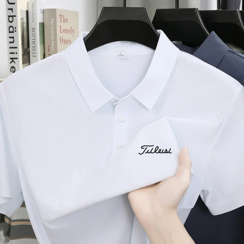 Polo de manga corta con estampado para hombre de la marca Golf, camiseta sin costuras de seda helada, camiseta informal cómoda y transpirable con solapa para verano