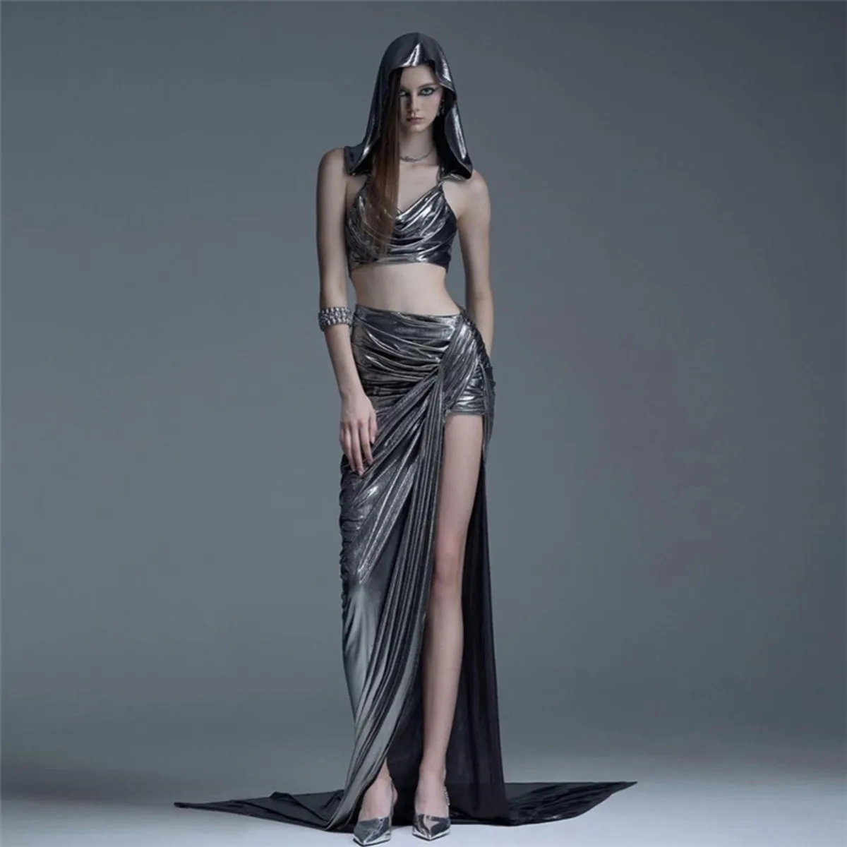 KWTX デザイナー ヴィンテージ エレガント クリスマス パーティー ドレスセット フード付き ホルターベスト ミディスカート スリムフィット ストリートウェア 春夏ファッション