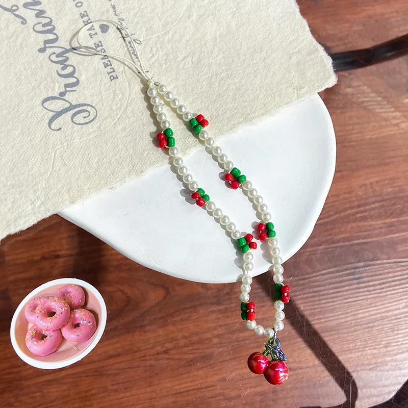 New Mobile Strap Phone Charm Cherry Pearl Beaded Phone Chain Jewelry For Women Anti-Lost Lanyard Gift Keychain Wholesales