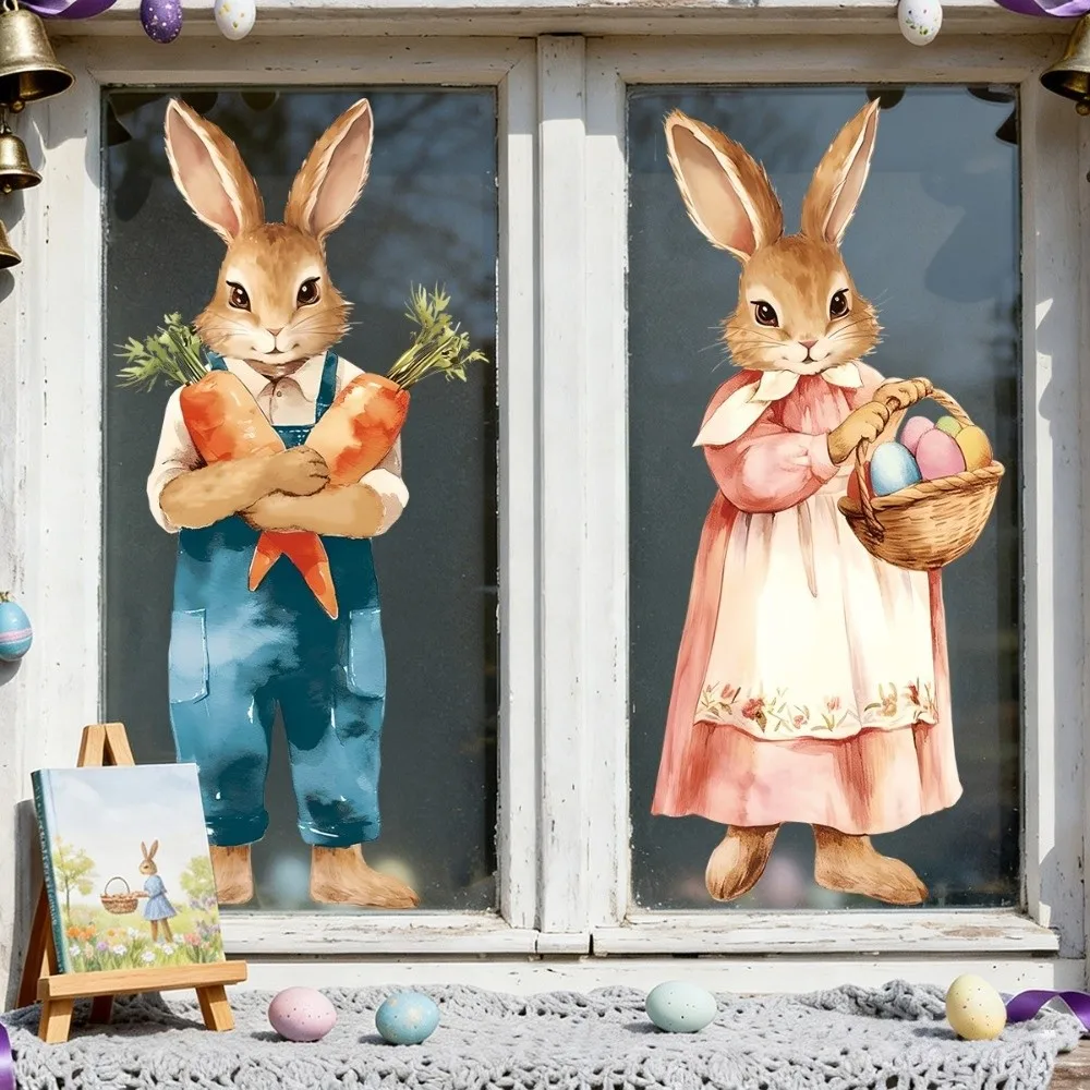 Creative Easter Door Stickers Waterproof Removable Static Easter Egg Window Decals DIY Cartoon Easter Bunny Static Cling Decal