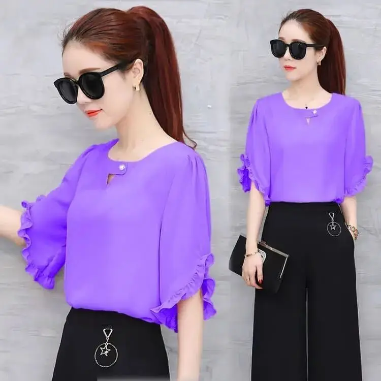 Women Clothes Summer Fashion Simplicity Solid Color Chiffon Short Sleeve Shirts Women Casual All-match Elegant Temperament Tops