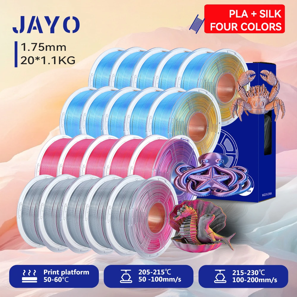 JAYO 20 Rollen 3D Zijde PLA Filament Vierkleurig PLA Plus 3D Printer Filament 1.75mm Glanzende Zijdetextuur 4-in-1 Kleurenfilament