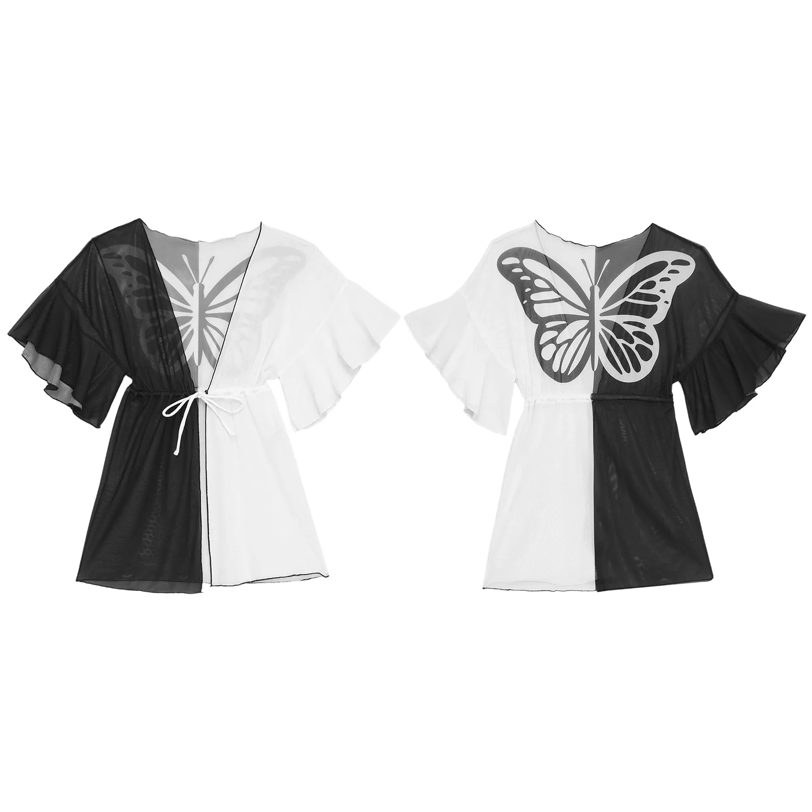 Kids Girls Chiffon Swimsuit Cover Up Short Sleeve Drawstring Beachwear Bikini Butterfly Print Loose Thin Quick Drying Swimwear