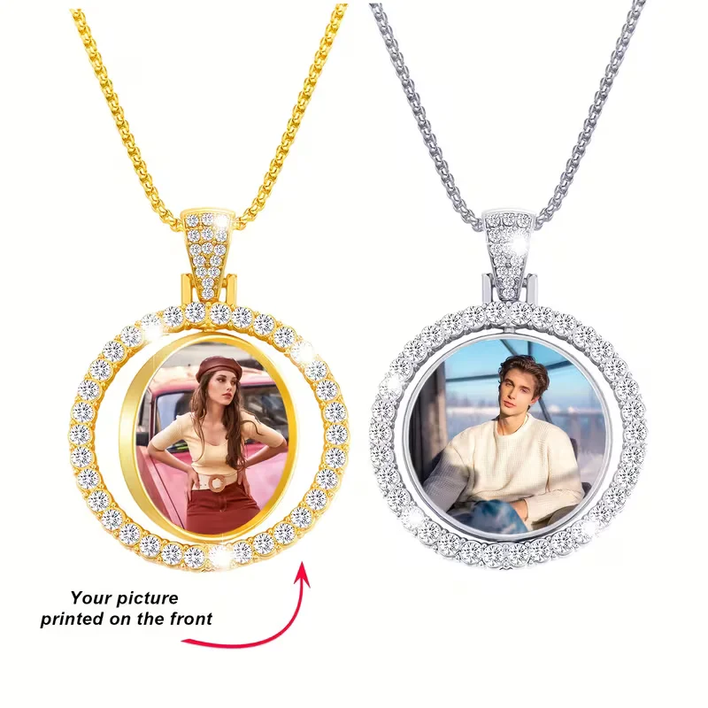 Custom Picture Rotatable Round Pendant Necklace, Double-Sided DIY Necklace, Personalized Unisex Jewelry Gifts for Friends Family
