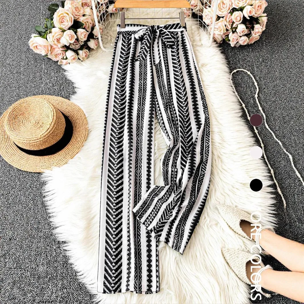 Women's Printed Pants Mid Waist Trousers Geometric Pattern Black And White Wide Leg Pants Tie Waist Side Slit Full Length