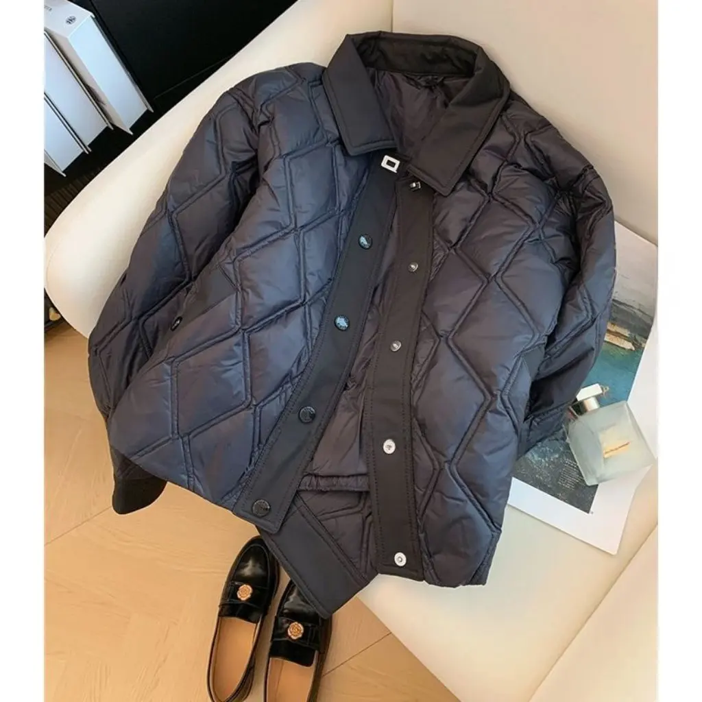 

Women's Black Rhombus Polo Collar Cotton-Padded Jacket Short Autumn Winter Western Style Light Coat Small Design