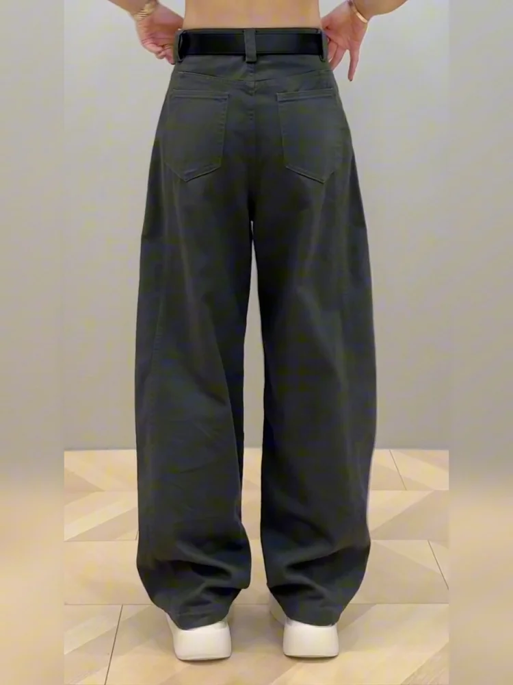 プラスサイズ ハイウエスト ストレートレッグ ワークウェア デニムジーンズ レディース 秋シーズン 梨型体型 アメリカンスタイル ルーズフィット トラウザーズ...