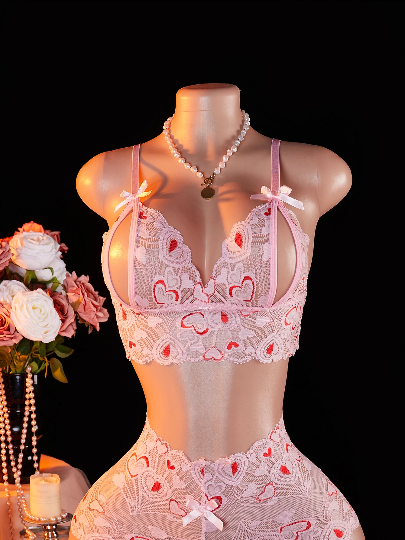 Pakaian Tidur Wanita 2-pcs Erotis, Bra Terbuka, Piyama Seksi Berbahan Renda Transparan, Motif Hati Pink, Lucu, Nyaman, Bernapas, Celana Pendek Tanpa Selangkangan