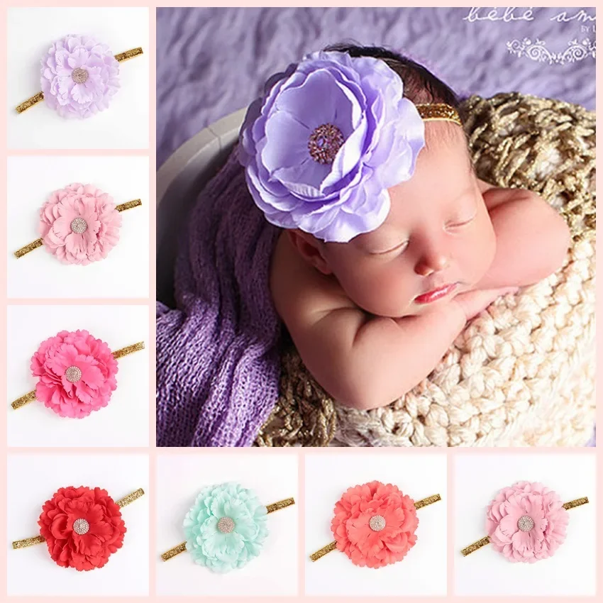 Cute 1PCS Girls Pennoy Flower with Rhinestone Shiney Headband Baby Photo Props Newborn Toddler Infant Headwear Hair Accessories