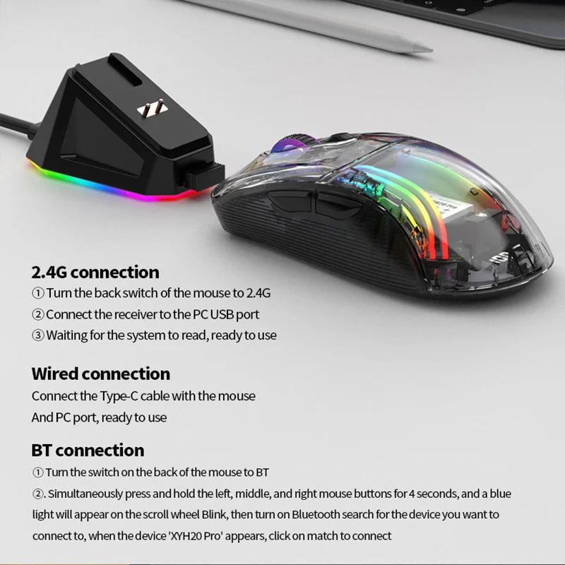 Imagem -03 - Rato para Jogos de Iluminação sem Fio Rgb com Doca de Carregamento Magnética Mouse com Fio para pc Gamer Transparente Bluetooth 2.4g Modos