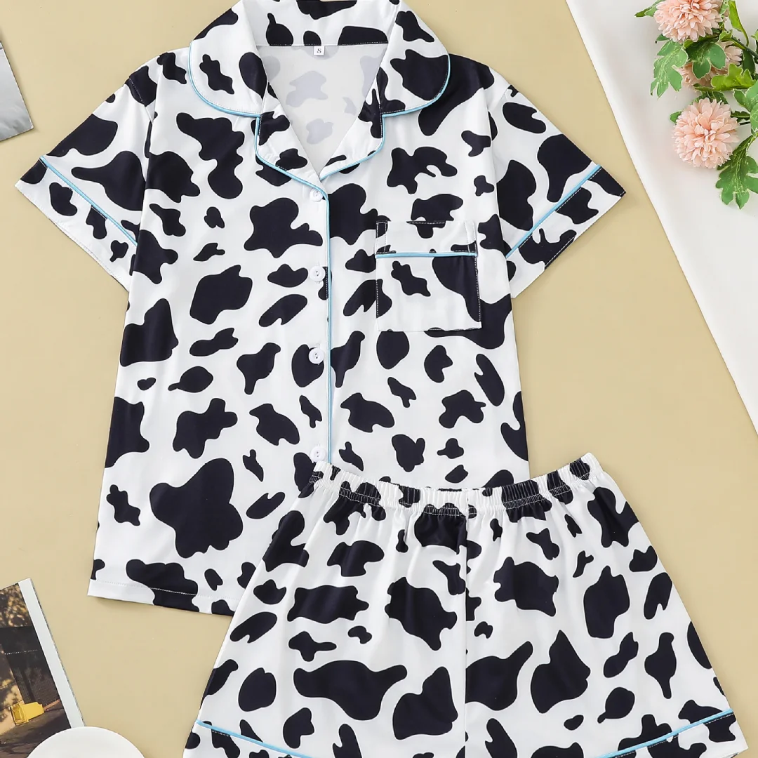 

Cow Print Pajamas Black and White Lapel Short Sleeve Shorts Loungewear Cardigan Home Wear Set Sleepwear Clothes for Women