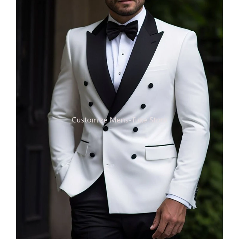 

Men's Suits White Blazer Black Pants Shawl Lapel 2 Piece Double Breasted Elegant Outfits Terno Prom Party Male Clothing