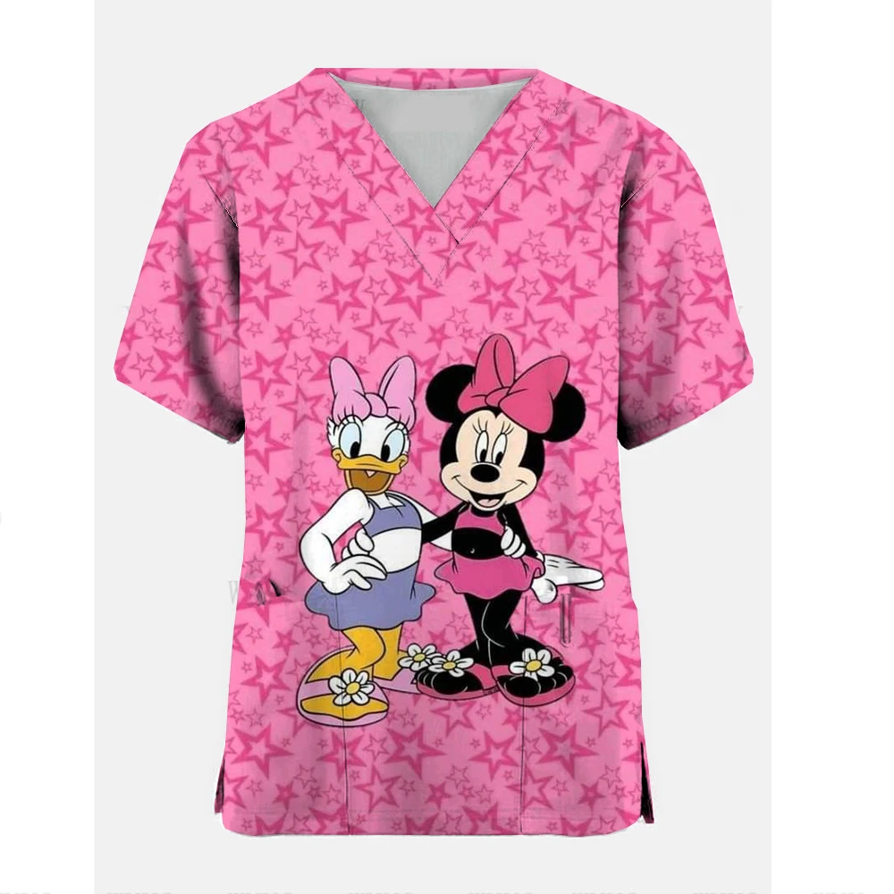 Disney Princess Cartoon Daisy Print Female Nurse Uniform V-neck Short sleeved T-shirt Female Surgical Uniform Top