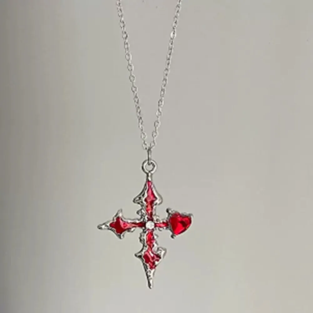 Exquisite Fashion Flash Purple Drip Glaze Heart-shaped Rhinestone Cross Necklace for Women Dark Style Temperament Jewelry Gifts